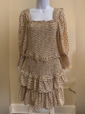 Smocked Square Neck Long Sleeve Midi Dress in Cream Floral